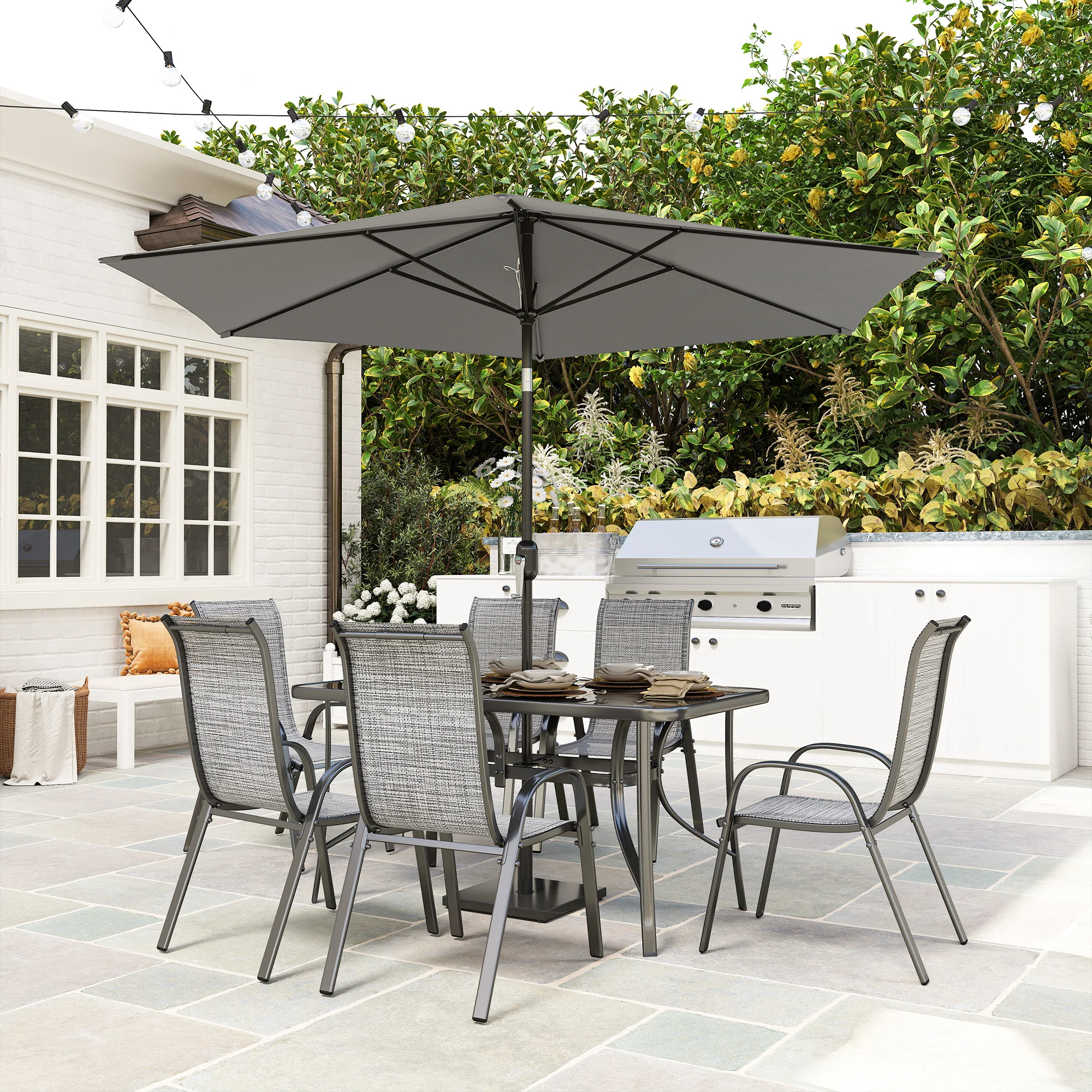 

8 Pieces Patio Furniture Set with 9Ft Patio Umbrella, Outdoor Dining Table and Chairs, Mixed Gray