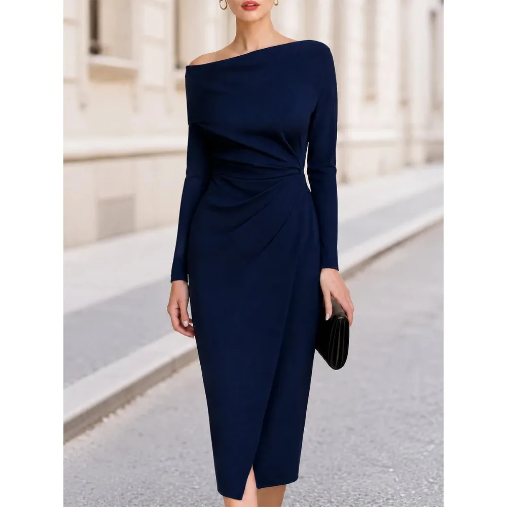 Customized One Shoulder Mother of Birde Dresses 2026 Navy Blue Midi Women‘s Wedding Party Attire Gowns Elegant Evening Dress