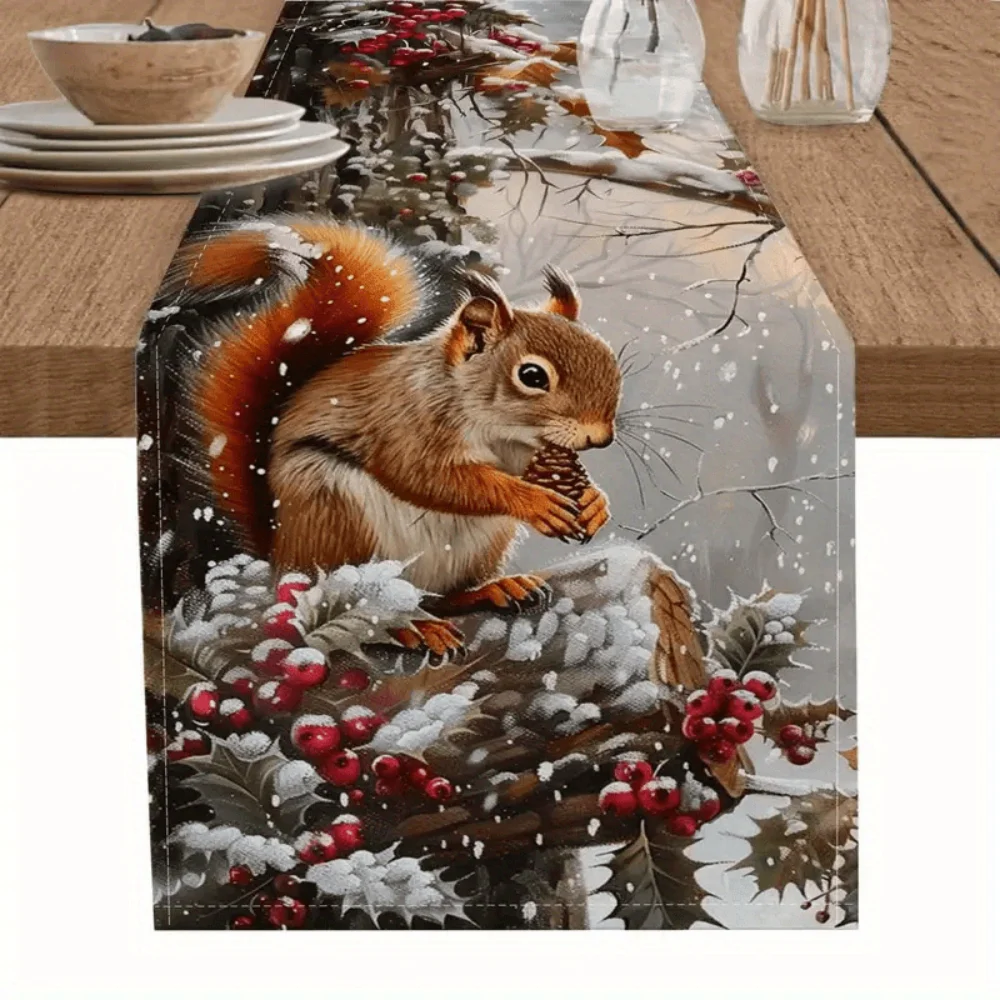 1pc Festive Brown Christmas Table Runner with Winter Berries, Squirrels & Pine Cones - Perfect for Holiday Dining & Home Decor