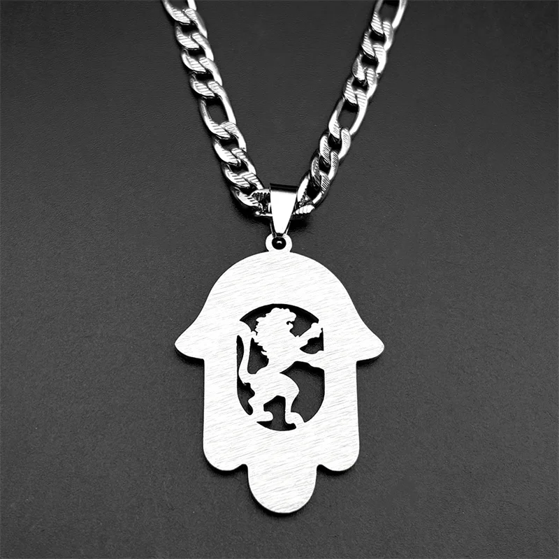 Judaism Jerusalem Jewish Hamsa Hand Stainless Steel Pendant Necklaces for Women Men Gold Color Lion of Judah Amulet Jewelry