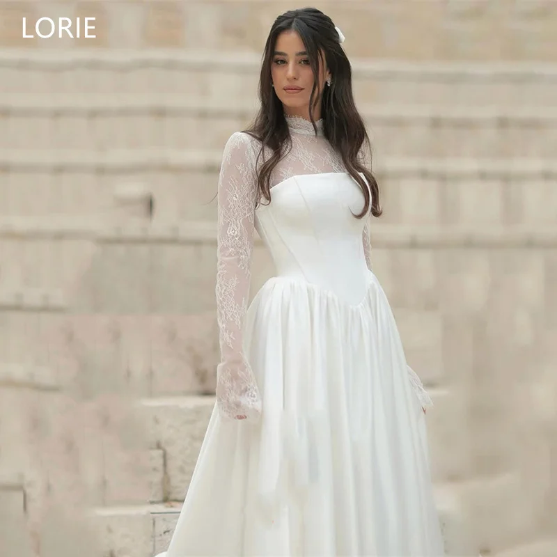 LORIE A-Line Satin Wedding Dresses Halter Full Sleeves Lace Pleated Bride Prom Gown Floor-Length Bridal Gowns Customized