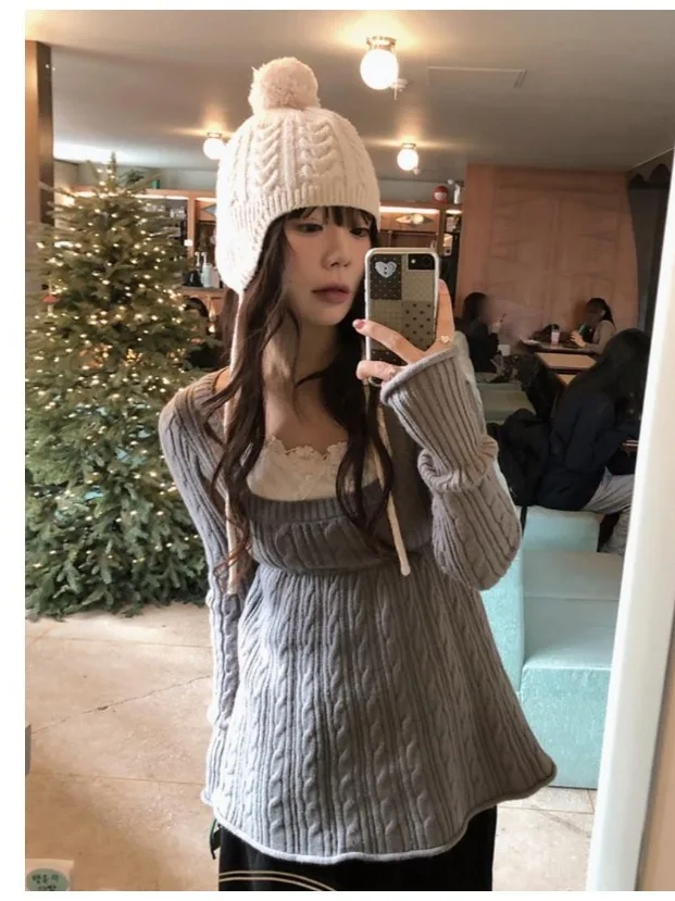 Faionable Winter Strickwaren Damen Slim Fit Long Sve Pullover Quadratischer Kragen Twist Design Koreanische Sle Polyesterfaser