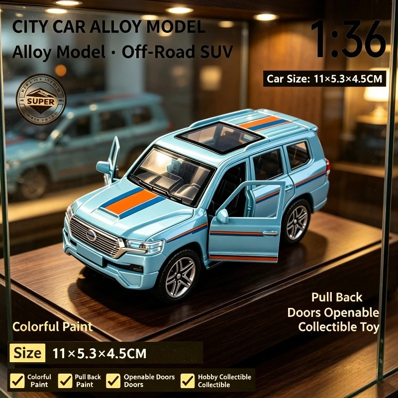 1:36 Scale Off-Road SUV Diecast Alloy Model Pull Back Car Openable Doors Simulation Vehicle Birthday Gift Home Display Hobby