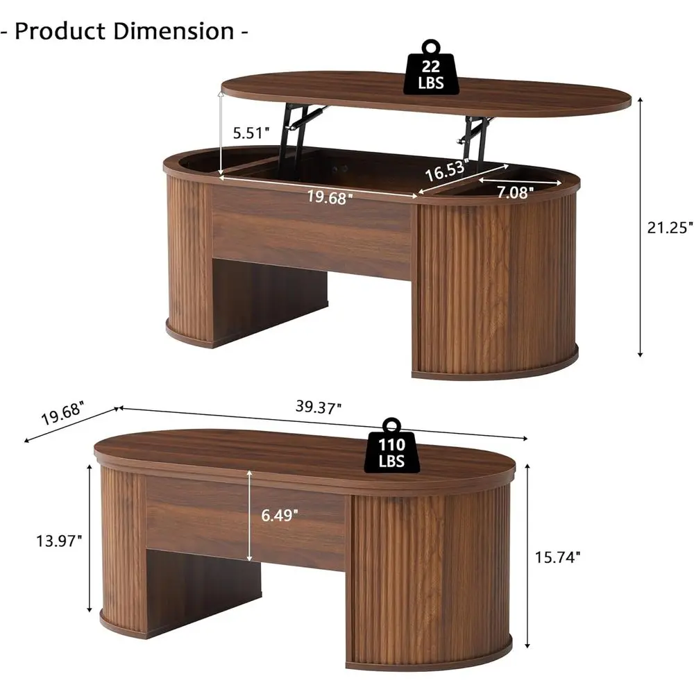 Elegant Oval Coffee Table with Lift-Top and Hidden Storage, Walnut Finish for Living Room Office