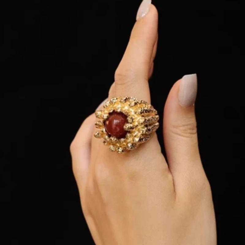 2025 Europe America Fashion Red Resin Brass Gold Plated Wide Ring Women Delicate Charm Jewelry Trend