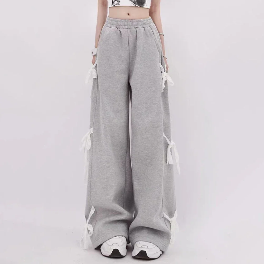 Everyday Wear Pants Bow Decorated Pants Casual Outing Polyester Fabric Simple Style Slightly Elastic Solid Color Design