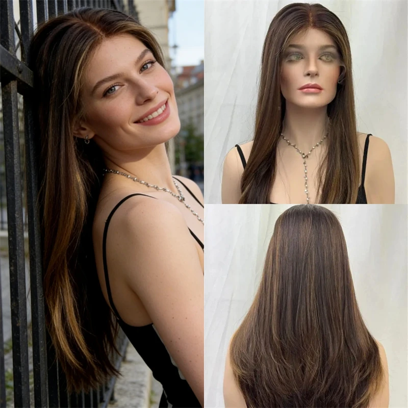 

24-дюймовый парик с HD-кружевной передней частью 13x4, омбре коричневый, высококачественный синтетический парик для белых и чернокожих женщин, мягкий прямой парик, плотность 150%