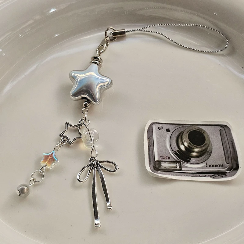 Cellphone Lanyard Keychain For Phone Y2K Style Metal Silver Star Bow Pendant Phone Charm Strap Sweet Cool Girl Pendant