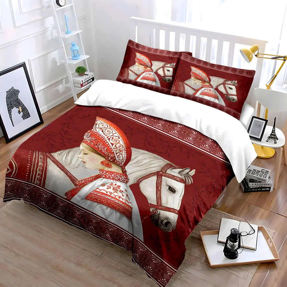 Traditional attire and white horse artwork Printed Duvet Cover Set 1 Duvet Cover+2 Pillowcase Multi Size Bedroom Bedding Decor