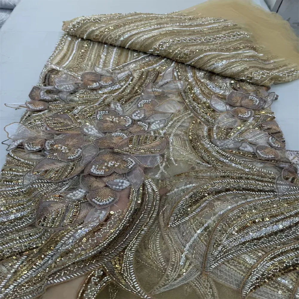 

Latest Luxury Sequins Pearls Bridal Beaded Lace Fabric High Quality Heavy beads African Nigerian 3D Lace Fabric