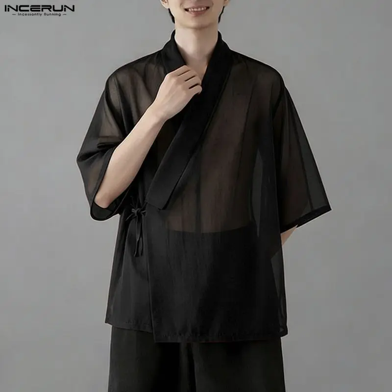 INCERUN Men's Shirt Cardigan Solid See Through V Neck 3/4 Sleeve Men Clothes Streetwear Loose Lace Up 2026 Tops Shirts For Man