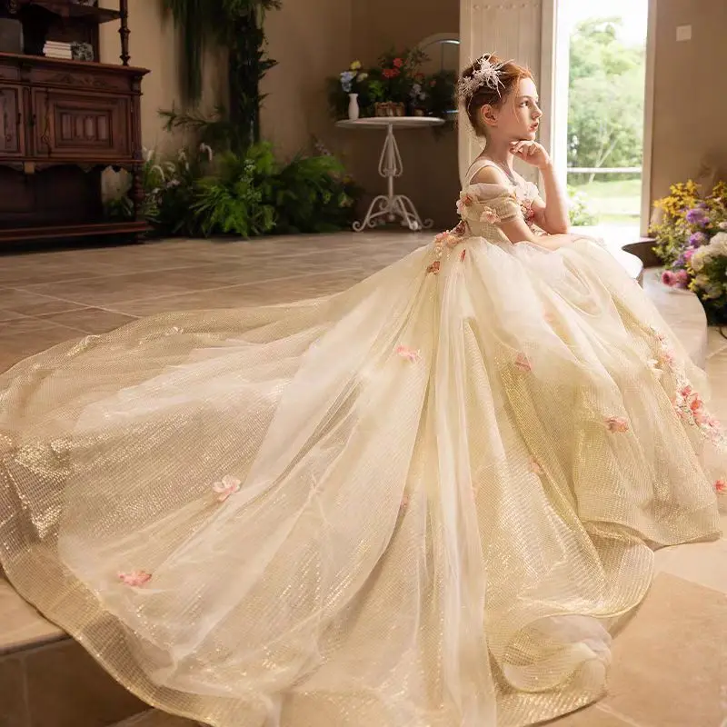 Jill Wish J363 Luxury Gold Handmade Flowers Girl Dress Off Shoulder Arabic Princess Wedding Birthday Pageant Party Evening Gown
