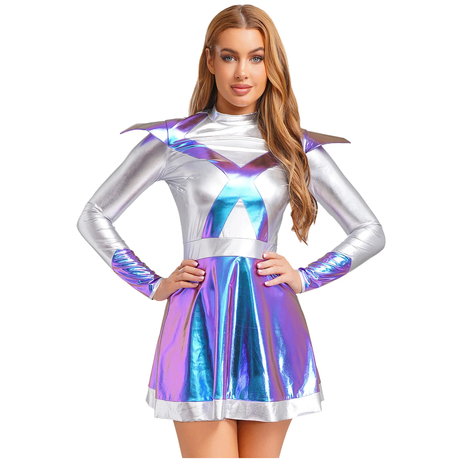 

Womens Alien Astronaut Cosplay Dress Long Sleeve Metallic Shiny Dress Space Female Warrior Roleplay Dress for Halloween Party