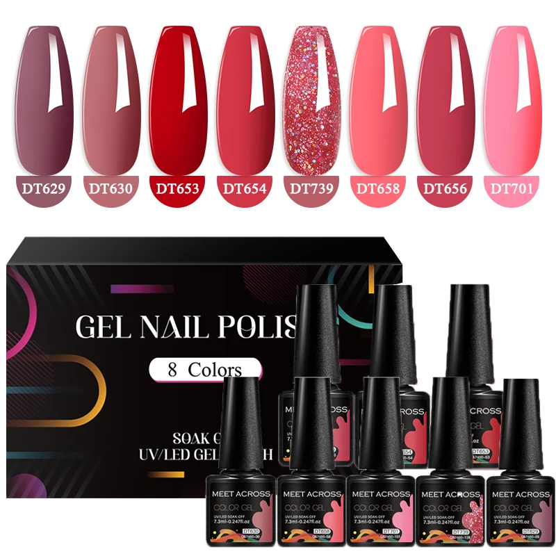 MEET ACROSS 8Pcs/Set 7.3ML Gel Nail Polish Nail Supplies Vernis Semi Permanent Nail Art Manicure Soak Off UV Gel Nail Varnish