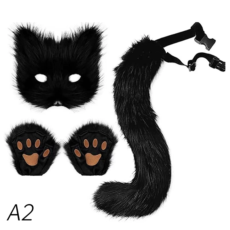 Foxes Costume Set Furry Gloves Tail Plush Animal Face Cover Cat Ears Headband Halloween Costume Foxes Tail  For Cosplay Party