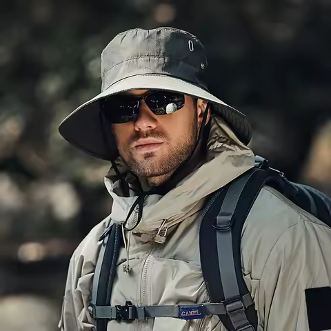 Men's Breathable Bucket Hat UV Protection Wide Brim Sun Hat with Windproof Strap for Outdoor Fishing Hiking Camping Safari