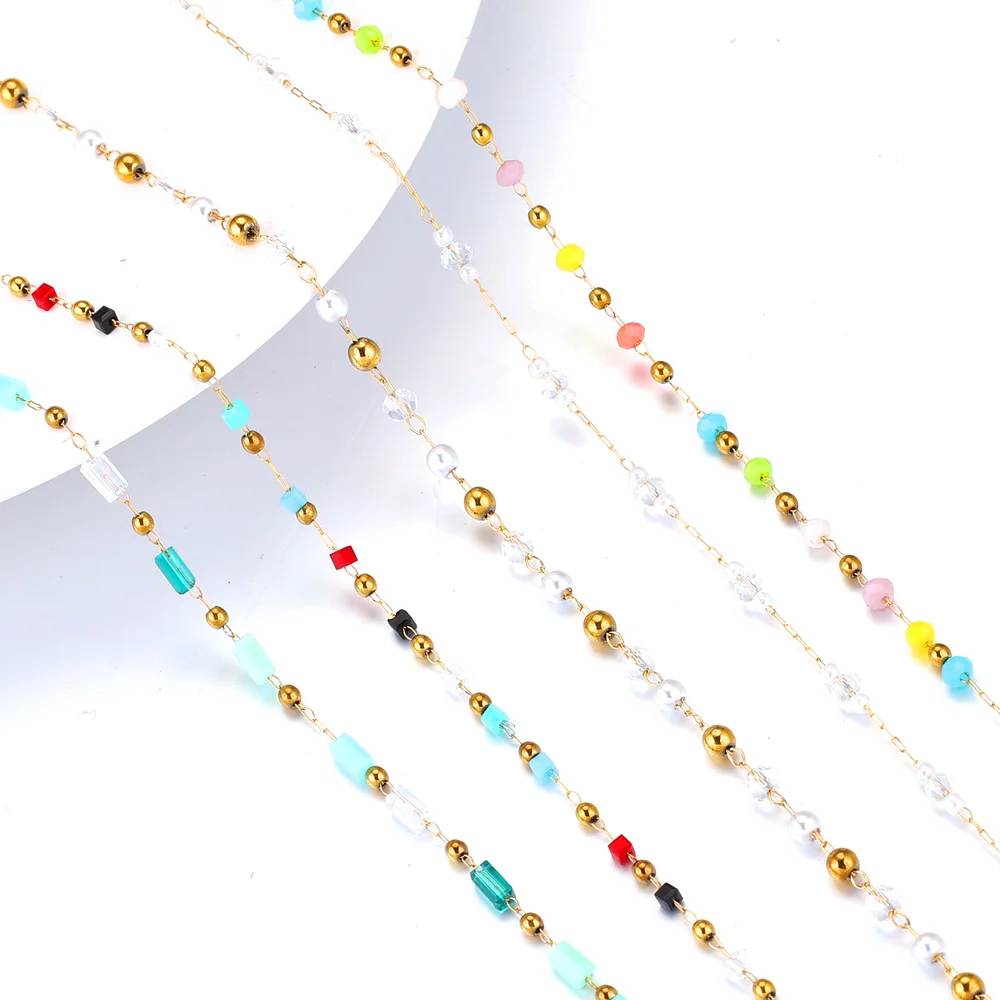 1M Stainless Steel 18K Gold Colorful Glass Crystal Chains Beads for DIY Necklace Making Anklet Supplies Findings Wholesale