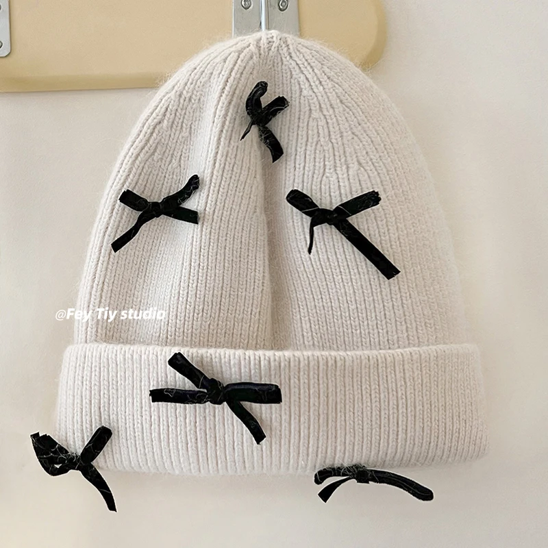 2024 Black Bow Knitted Beanies Hats for Women Soft Warm Fluffy Winter Hat  Female Bonnet Woman Knit Cap  Ear Protection Cap