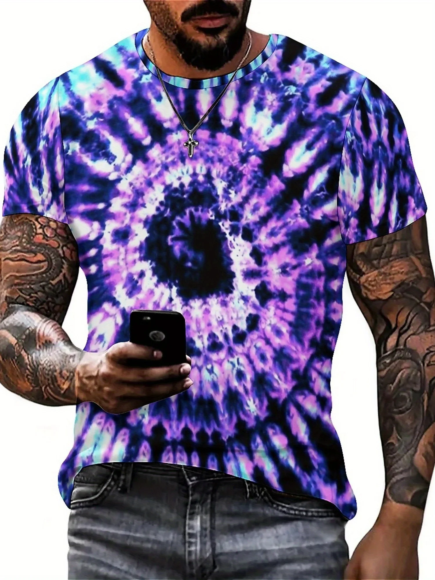 Men'S Plus Size Purple Tie-Dye 3D Print T-Shirt - Soft, Comfortable Polyester Fabric, Breathable &