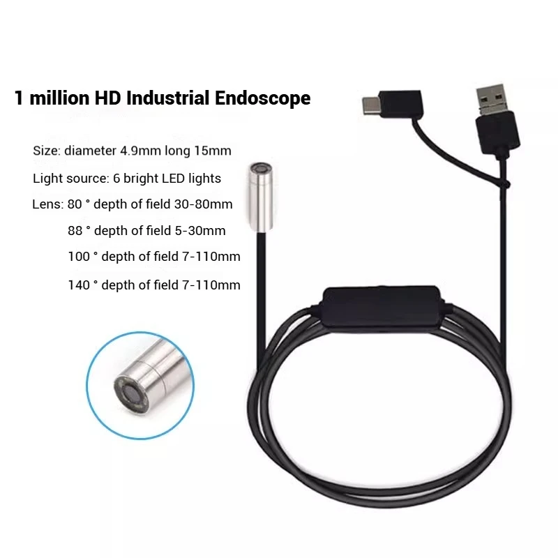 4.9mm HD Camera 1.5m Borescope Car Repair Industrial Pipe Sewer Inspection Visible Probe USB Android Mobile Phone Driver Free