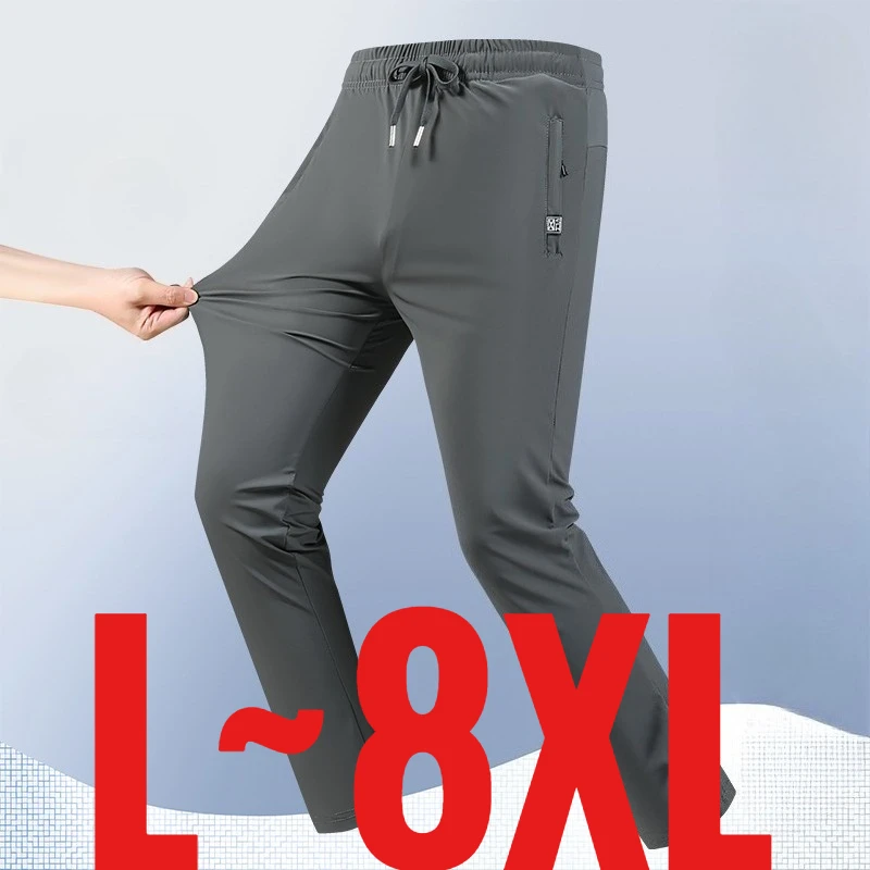 

Plus Size 8XL Men's Casual Pants Ankle Length Ice Silk Jogger Trouser Male Zip Pocket Sport Thin Cool Summer Leg Elastic Cuffed