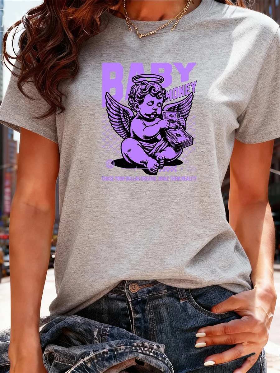 تي شيرت أبيض قصير الأكمام مع طباعة جرافيك أرجواني Angel Baby Money، قميص كاجوال عصري للنساء #3