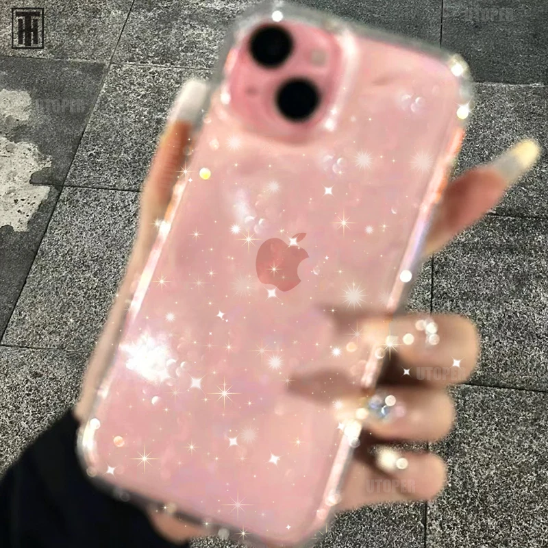 Luxury Pink Transparent Silicone Protect Phone Case For iPhone 15 14 13 12 11 Pro Max 15 Plus X XS Max XR Glitter Sparkle Cover