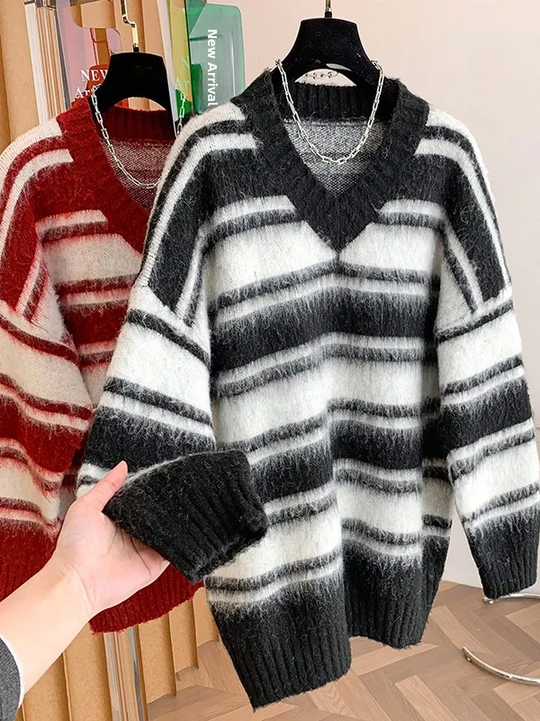 Roter Streifen-V-Ne-Strickpullover für Damen, lockere Farbe, Blo-gestreift, Frühling 2026, lässige Passform, bequeme Passform, langes Sve-Top