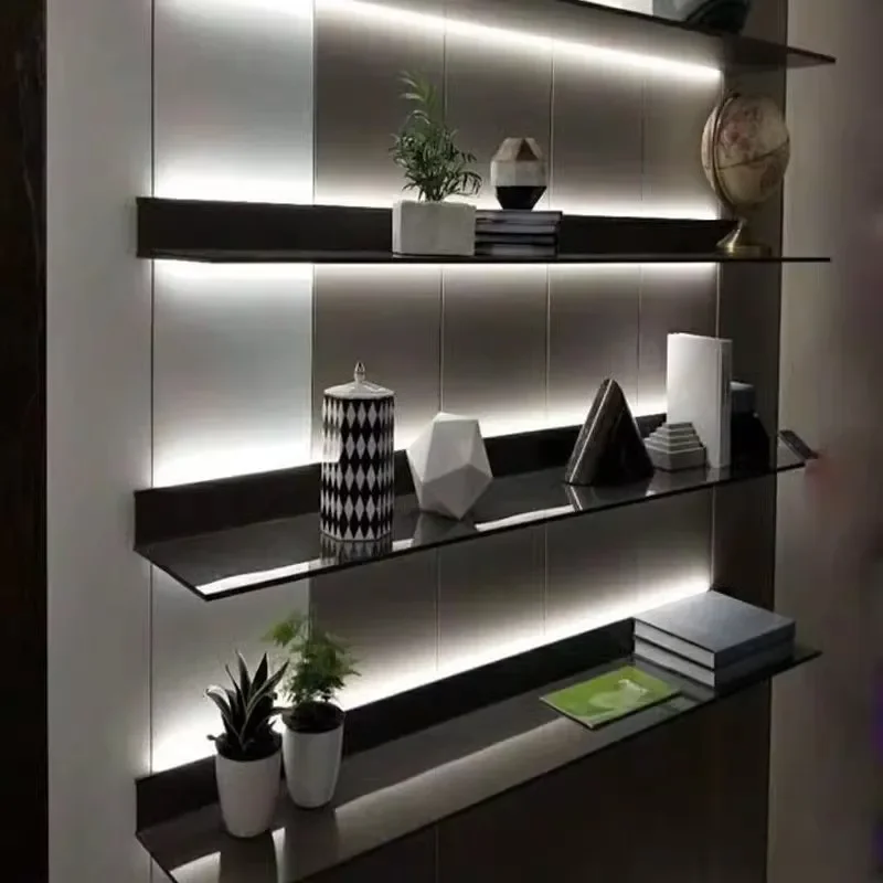 Modern Simple Aluminum Alloy LED Luminous Shelf Wall Mounted Bookshelf Living Room Storage Ornament Display Laminate