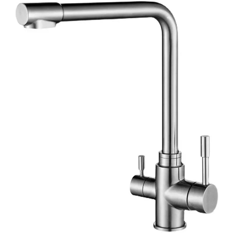 Durable304 Stainless Steel Kitchen Faucet Hot And Cold Household Sink Dish Basin Double-out Three-in-one Drinking Water Purifier