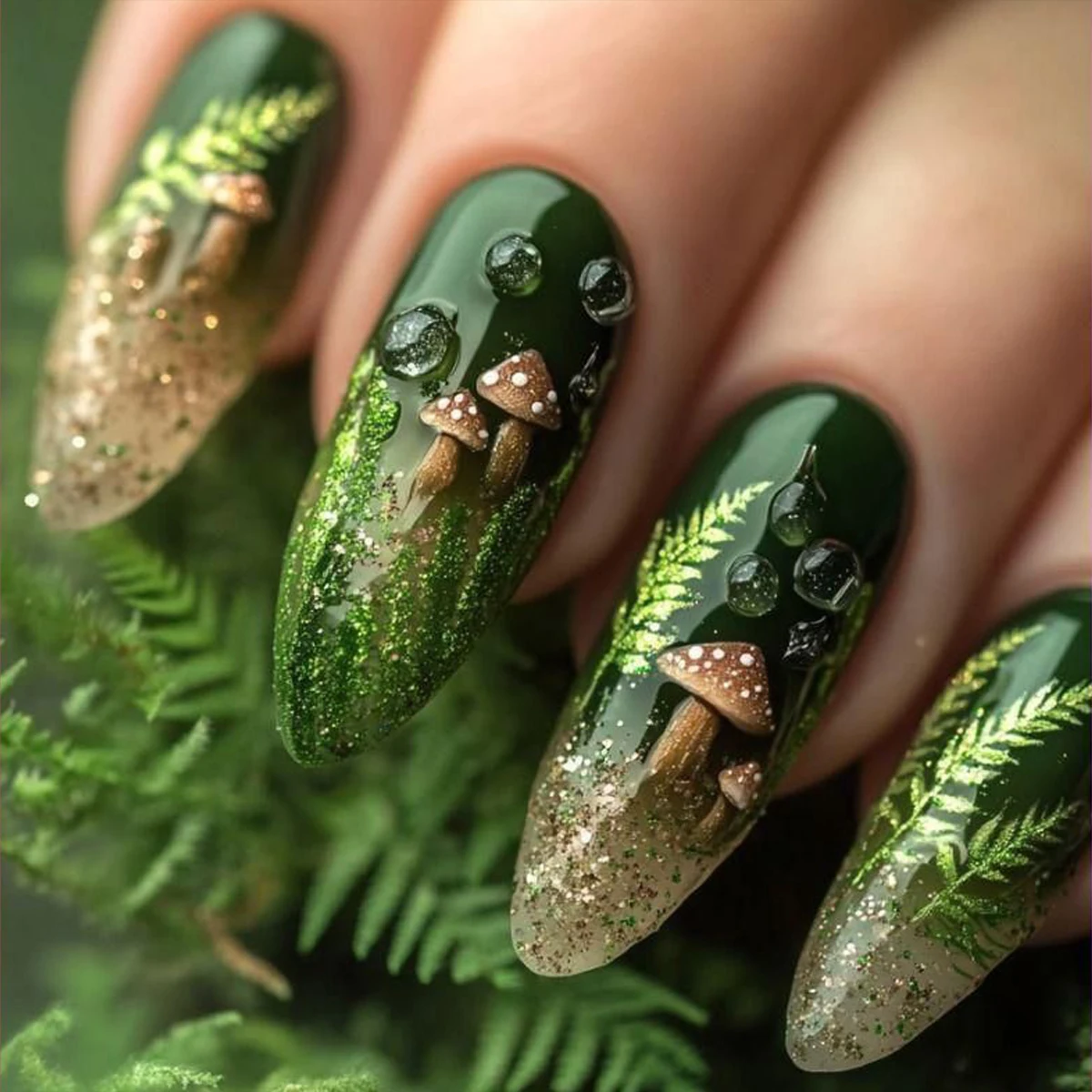 24Pcs Medium Almond Press on Nails with Mushroom Design Fake Nails Leaf False Nails With Green Leaf Designs Acrylic Nail Tips