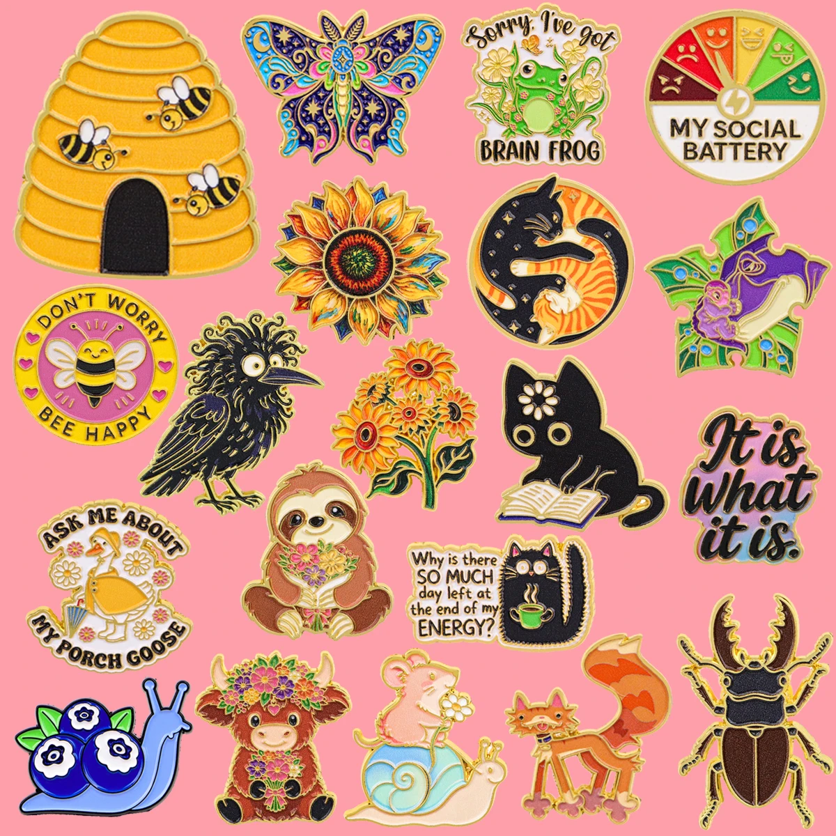 Funny Cat Couple Cow Bee Butterfly Enamel Pin Sunflower Brooches Woman Men Backpack Accessories Bags Badge Lapel Jewelry Gifts