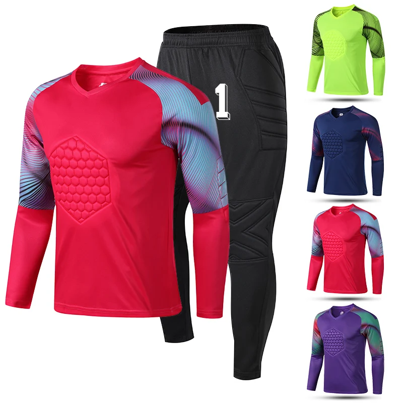 New Men\'s Adult Soccer Goalkeeper Uniform Protective Sponge long Sleeve Kid Training Football Goalkeeper Soccer Jersey Top Pants