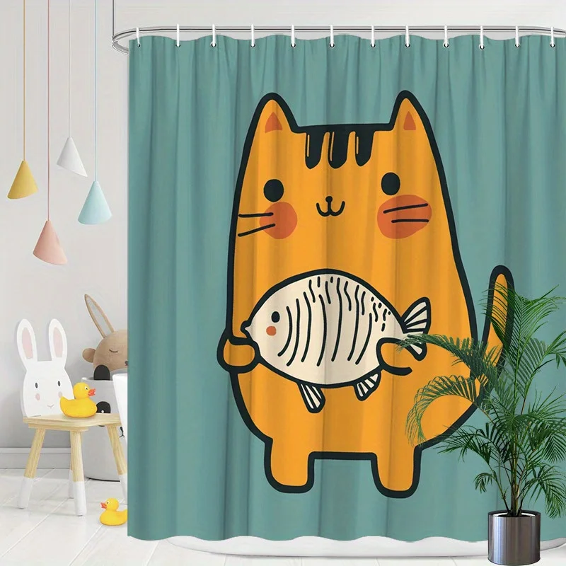 Playful Cat with Fish Shower Curtain - Water-Resistant, Easy to Clean, Adds a Fun and Whimsical Touch to Your Bathroom Decor