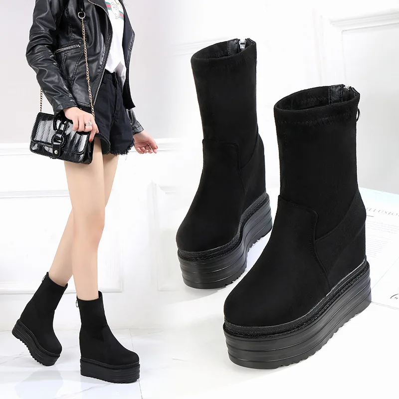 

Autumn Winter Platform Wedges Internal Increase Female Ankle Booties for Women Super High Heels Back Zipper Ladies Short Botas