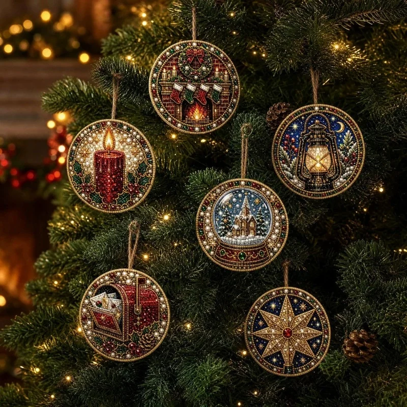 DIY Rhinestone Pendant Santa Snowman Reindeer Full Round Drill Diamond Painting Kit 6Pcs Christmas Round Hanging Ornaments