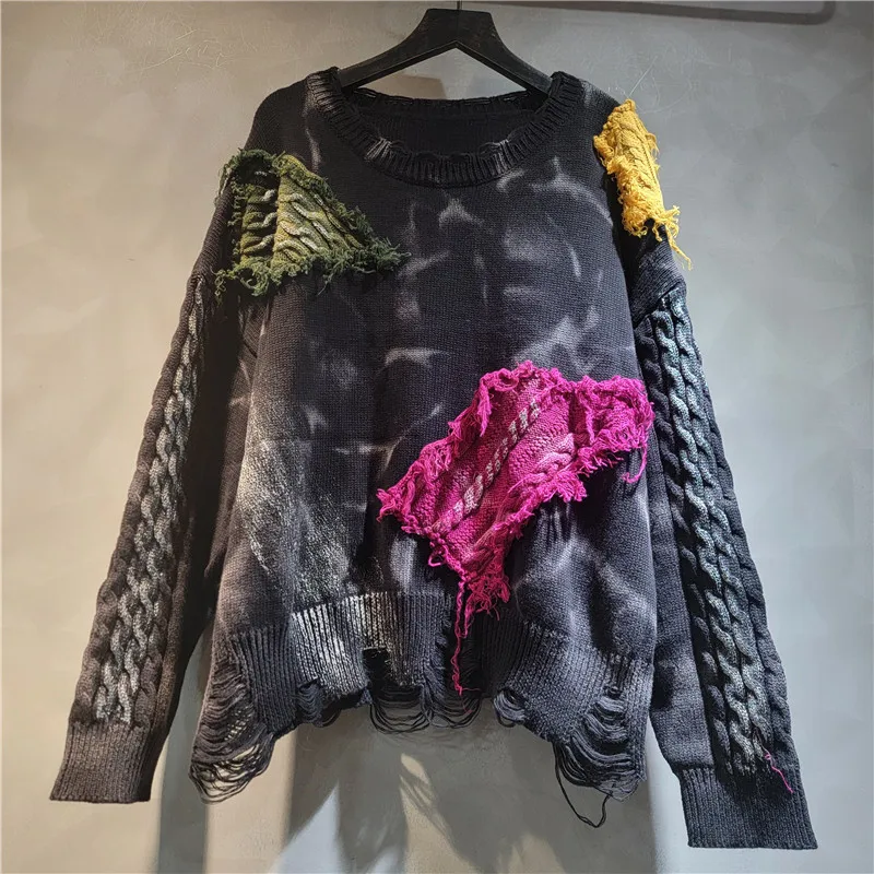 

Осень 2024, новый повседневный молодежный вязаный свитер с цветными блоками, модная утягивающая женская одежда, лоскутный потертый пуловер