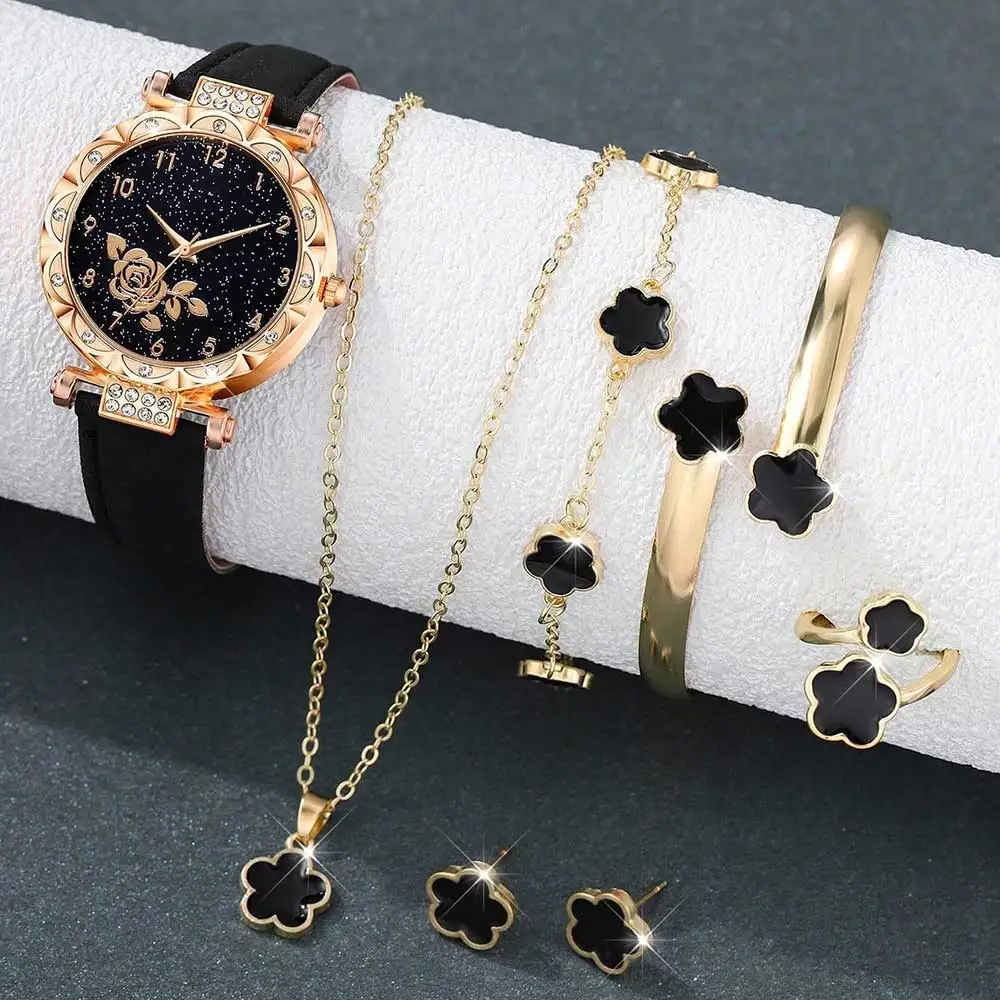 7PC Women's Watch Set Fashionable and Elegant Flower Element Dial Quartz Watch Bracelet Necklace Ring Earrings Set Perfect Gift