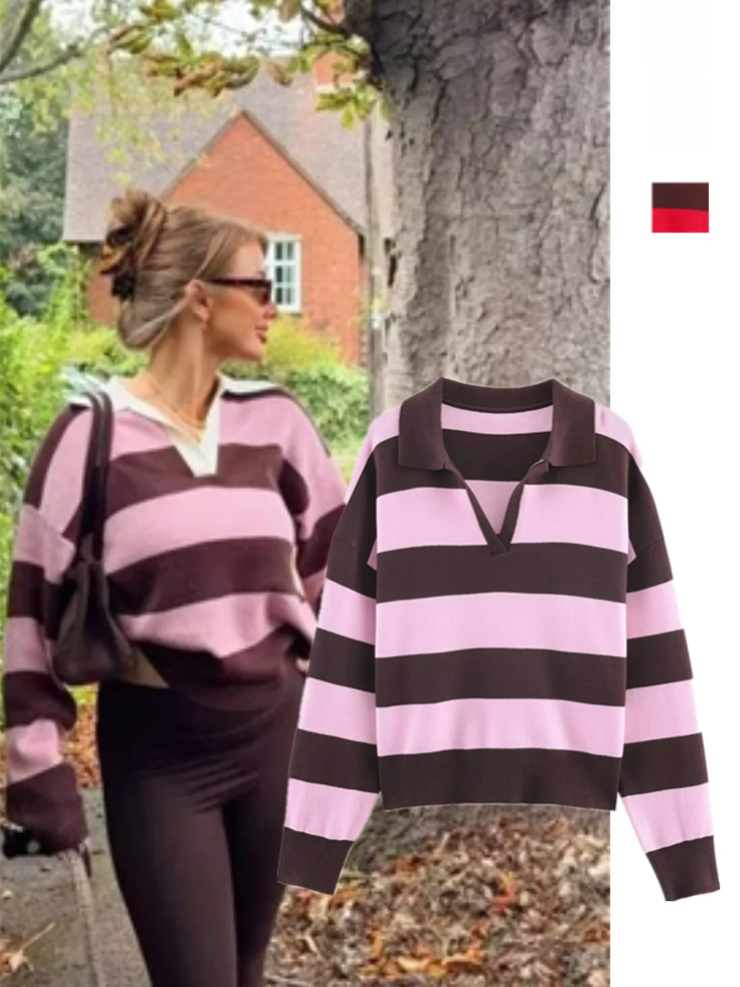 

Retro American College Sle V-Ne irt Knitted Casual Slim Fit Striped Top for Women Comfortable Midweight Knitwear