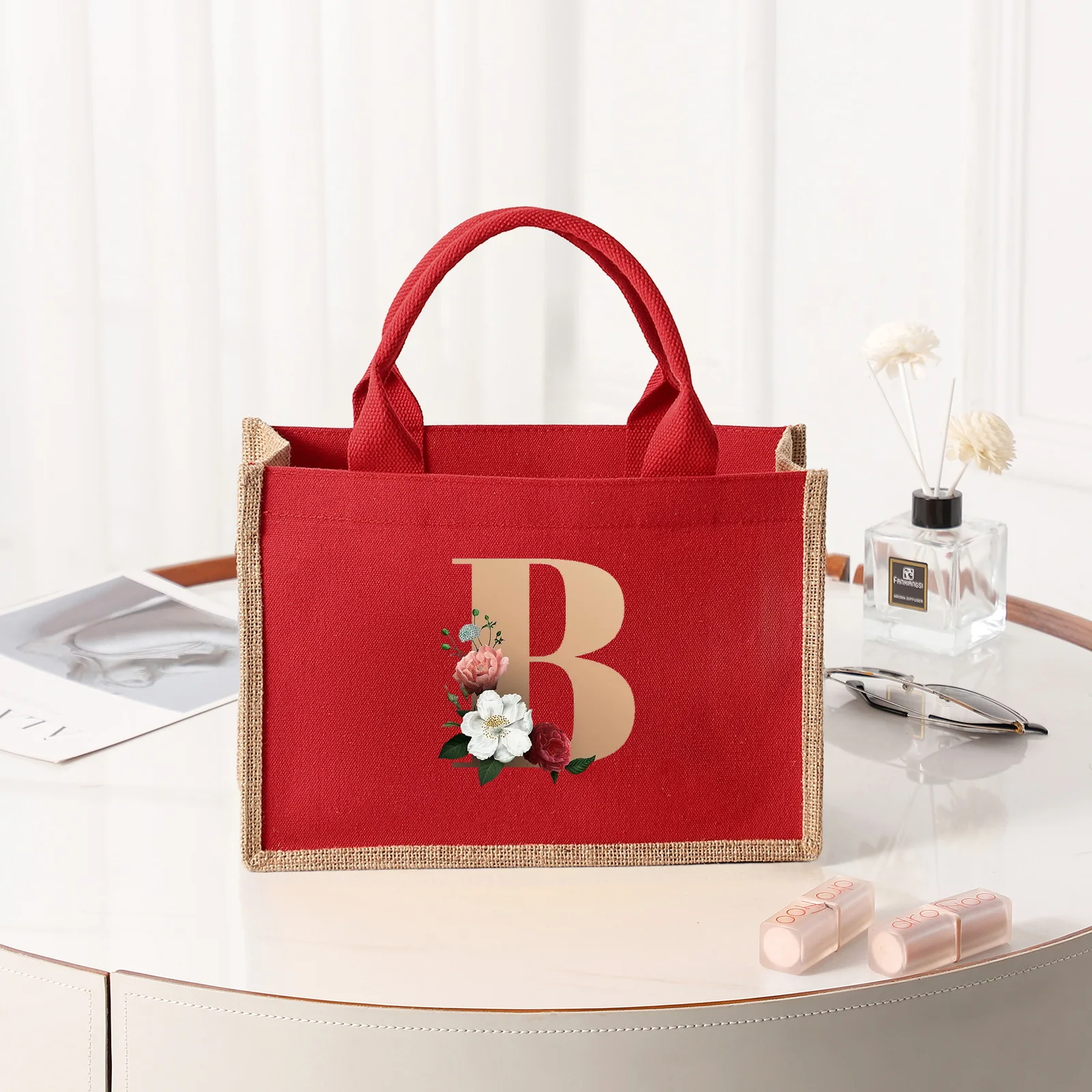 26 letter pattern, red canvas women's handbag, large capacity portable leisure beach bag, indoor waterproof