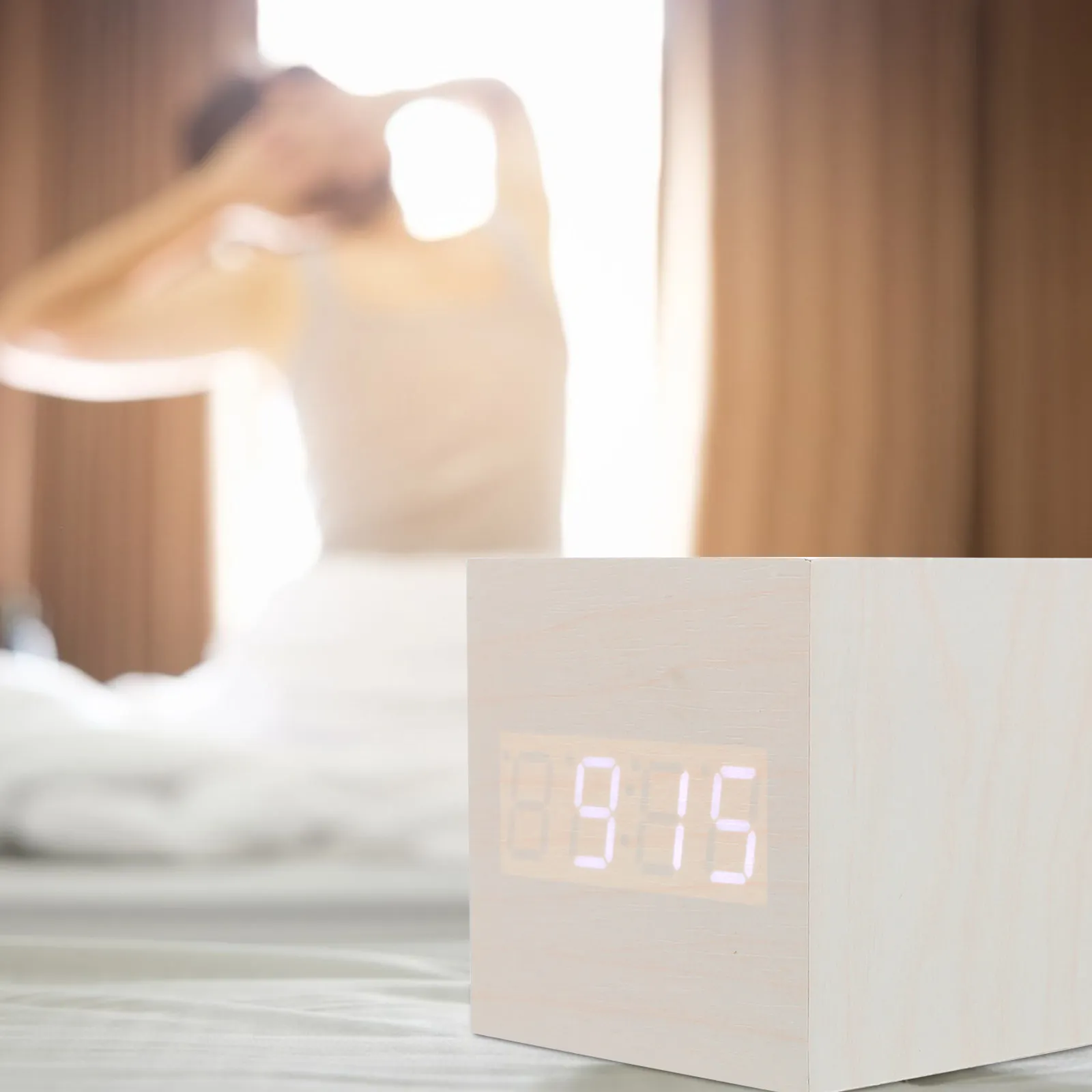 1Pcs Wooden Digital Alarm Clock Square Clock Temperature Display Adjustable Brightness Eye Protection