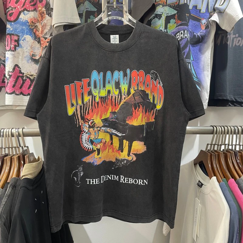 

Summer New Tees Piano print Washed Black Round-neck Short Sleeve Tops Men Women Loose Cotton High Quality Vintage T-shirts