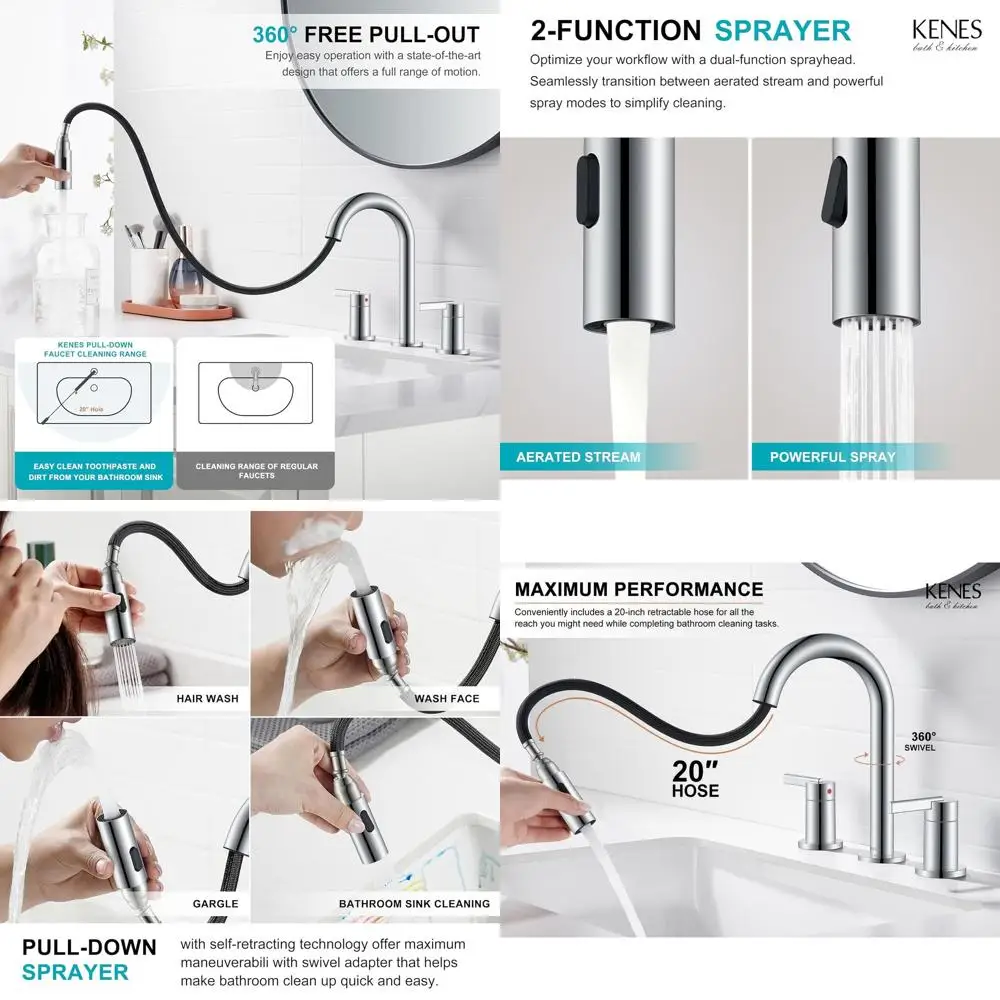 

8 Two-Handle Widespread Bathroom Faucet with Pull-Out Spray, 3-Hole Mount, Pop-Up Drain Included - LJ-9068-5