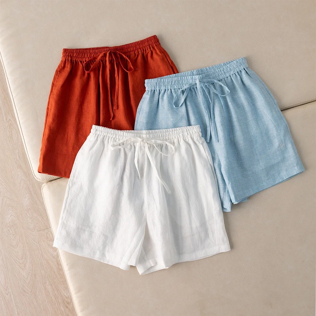 Summer Vacation Women's High Waist Shorts Drawstring Linen Casual Shorts Loose Straight Versatile