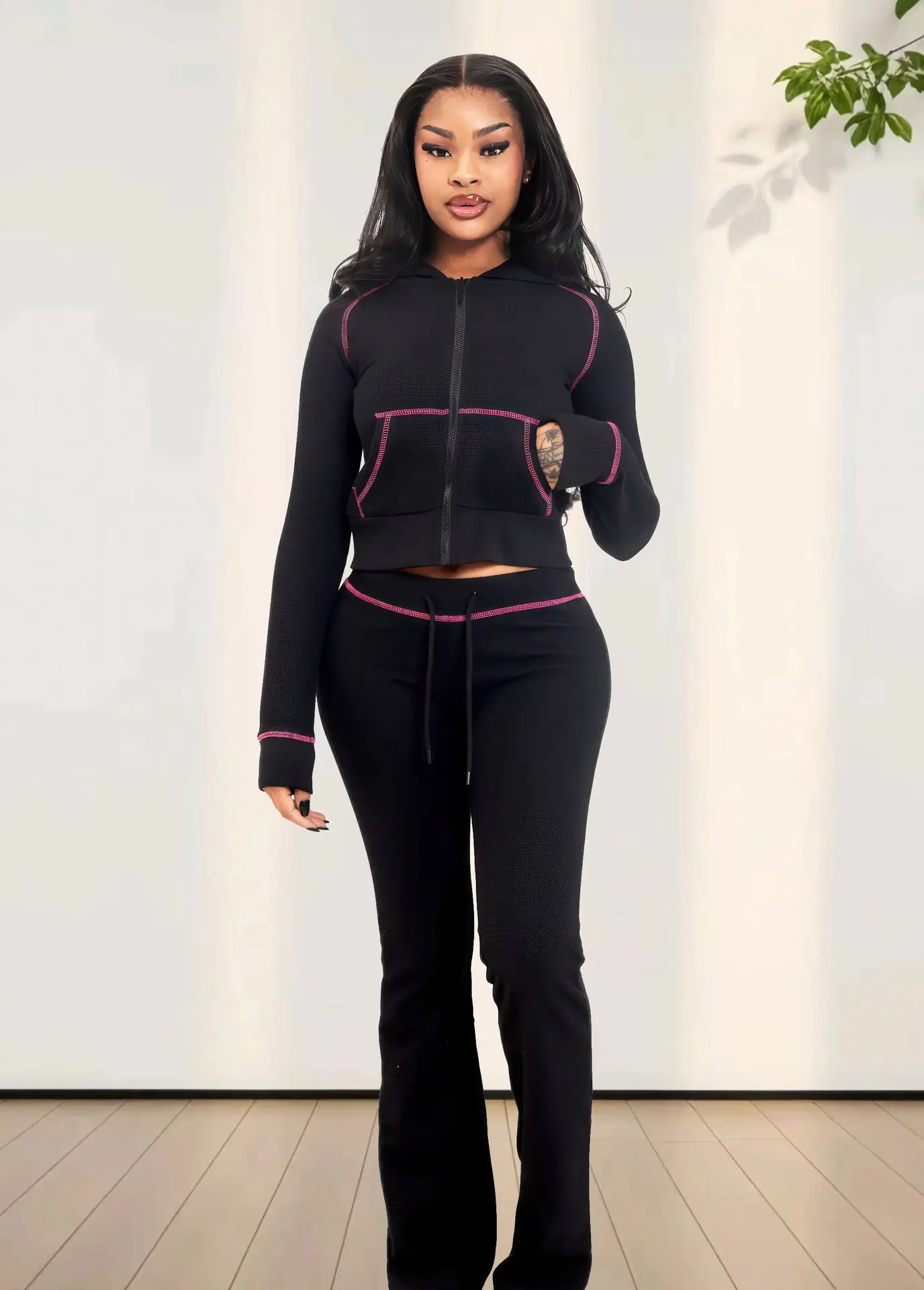 Autumn Winter Fashion Sports Style Two Piece Set Women Casual Solid Zipper Hoodie Trumpet Pants Two Piece Set Women