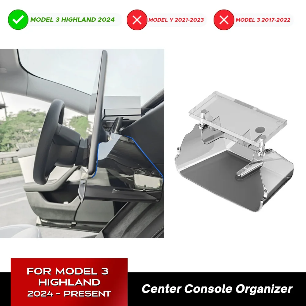 for 2024 Tesla Model 3 Highland Transparent Center Console Organizer with Anti-Slip Liner Tray Magnetic Behind Screen Storage