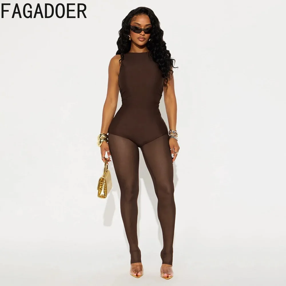 FAGADOER Sexy Mesh See Through Bodycon Jumpsuits Woman Solid Color Sleeveless One Piece Rompers Female Streetwear Overalls New