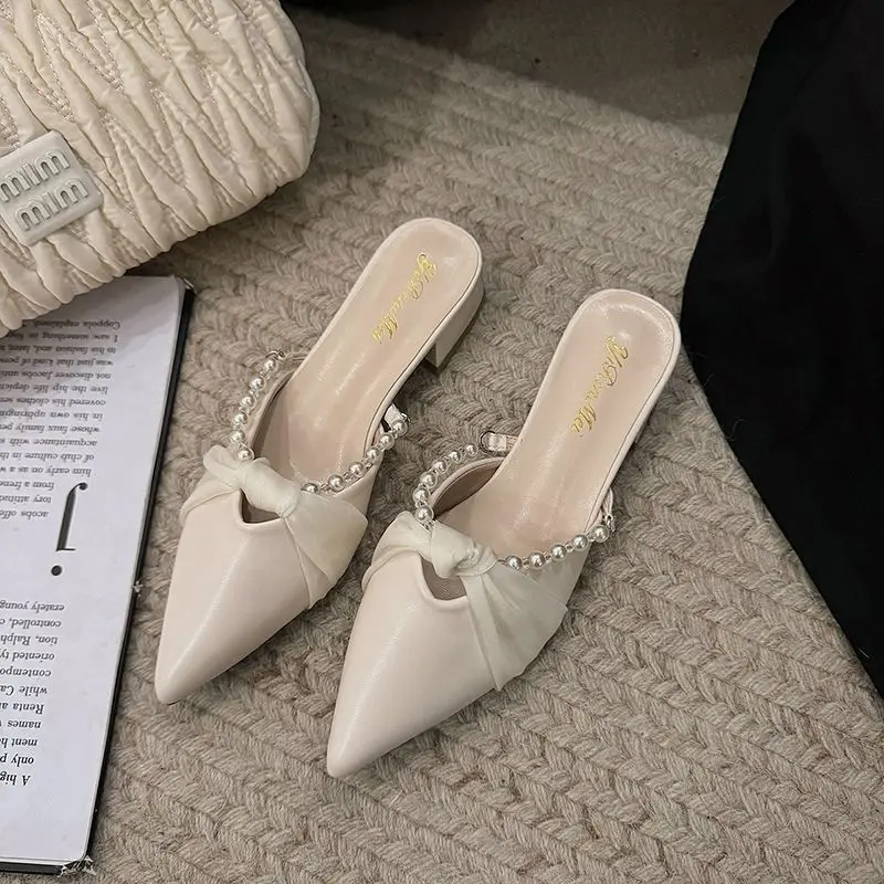 

French Style Women's Chunky Heel Closed Toe Pointed Toe Half Slipper 2026 Summer New Arrival Soft Gentle for Dress