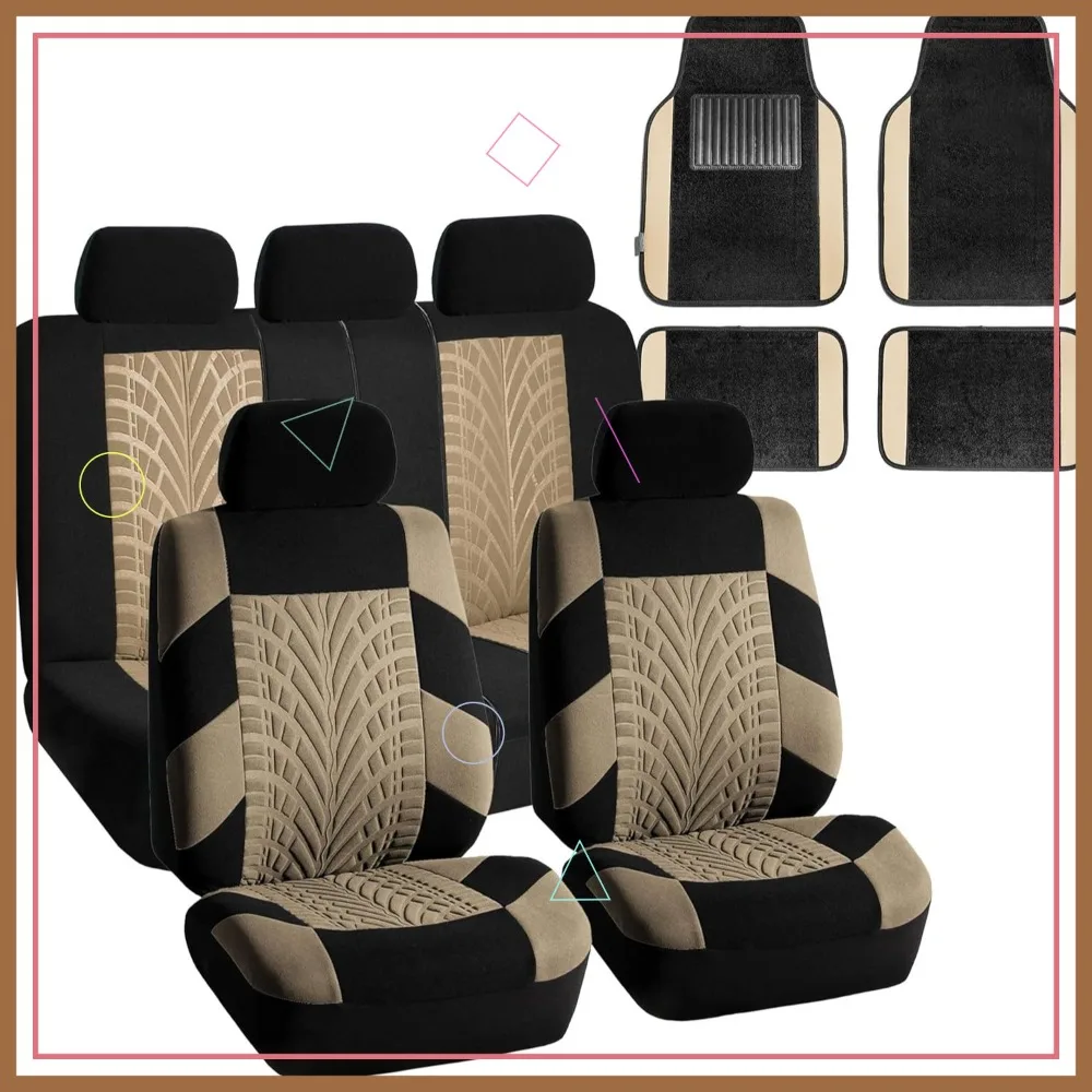 

Universal Car Seat Covers Full Set with Floor Mats for Cars, Trucks, SUVs - Beige/Black