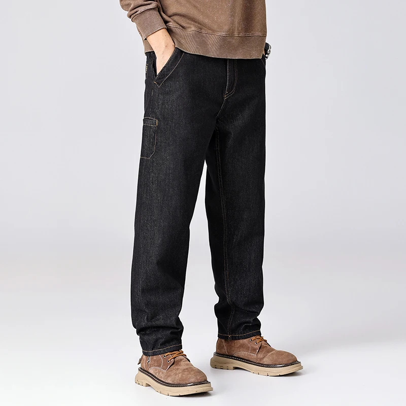 

Amekaji, осенние новые лоскутные мужские джинсы в американском стиле, потертые зауженные брюки в стиле ретро, черные джинсовые свободные брюки прямого кроя